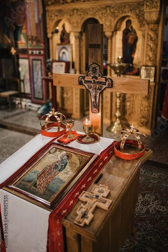 Pair of golden crowns n the church. Orthodox religious crowns.