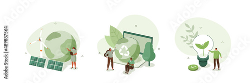 Sustainability illustration set. ESG, green energy, sustainable industry with windmills and solar energy panels. Environmental, Social, and Corporate Governance concept. Vector illustration.