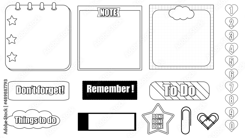 collection of blank black and white notepad template, memo, reminder