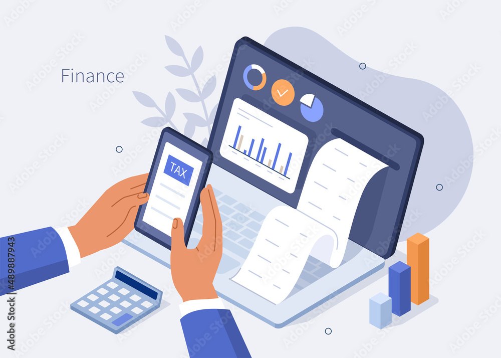 Finance isometric. Financial consultant or advisor calculating invoices and filling tax declaration for tax return. Accounting and taxation concept. Vector illustration. - obrazy, fototapety, plakaty 