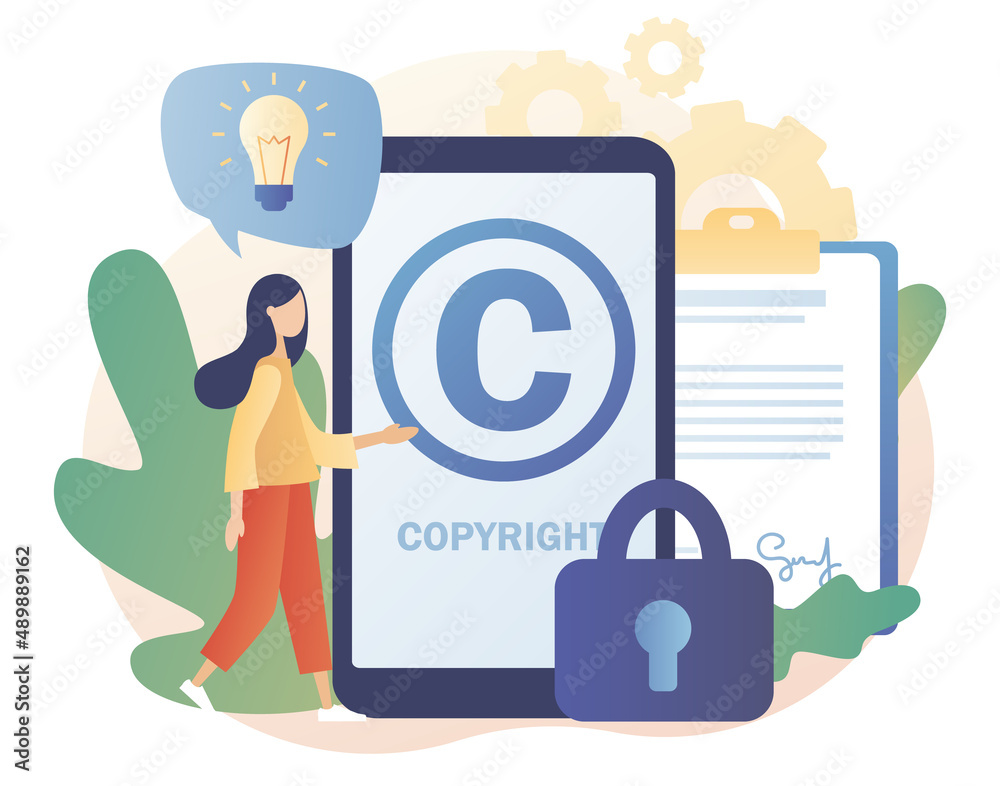 Intellectual property. Copyright. Tiny woman author protecting idea's ...