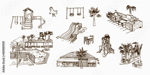 Vector sketches of a Turkish resort. Kemer. The architecture of hotels, playgrounds with slides and swings, swimming pool, landscape elements. Hand drawn illustration.