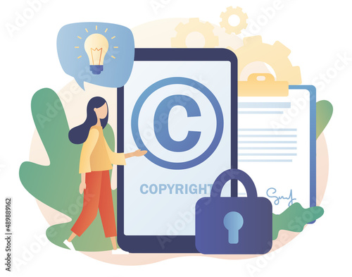 Intellectual property. Copyright. Tiny woman author protecting idea's legal information with trademark online. Trading data licenses. Modern flat cartoon style. Vector illustration on white background