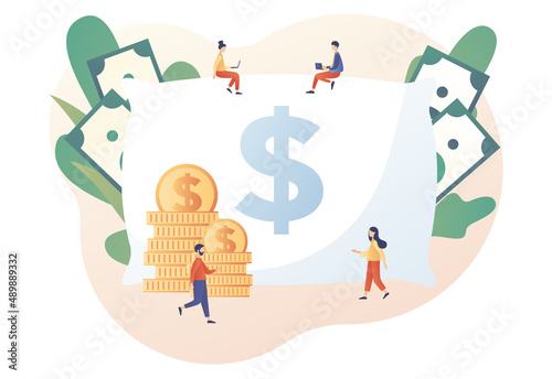 Money pillow. Personal finance, money savings, emergency support fund, personal capital, insurance. Tiny people growth financial. Modern flat cartoon style. Vector illustration on white background