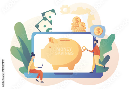 Money pillow online. iny people growth financial. Piggy bank. Personal finance, money savings, emergency support fund, personal capital, insurance. TModern flat cartoon style. Vector illustration
