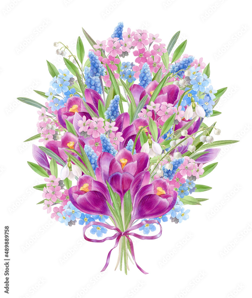 Spring bouquet with crocuses, watercolor illustration