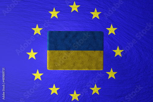 Ukraine joining European Union. Ukrainian flag with EU sign. 3D render illustration.