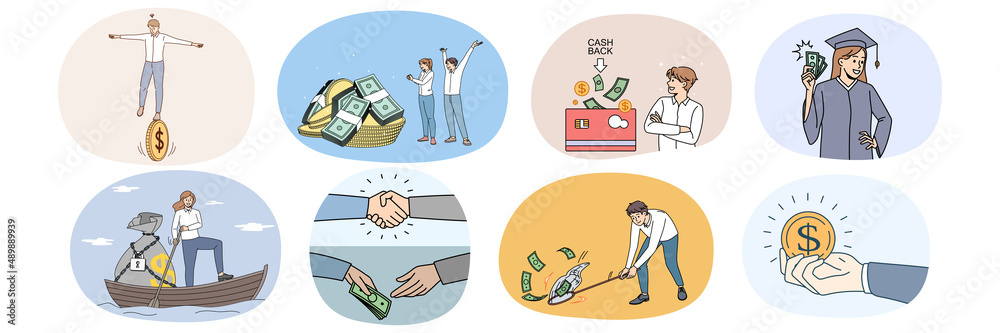 Collection of diverse people get passive income or revenue. Set of men and women feel excited receive dividend from successful investment. Banking and finances. Vector illustration. Collection of diverse people get passive income or revenue. Set of men and women feel excited receive dividend from successful investment. Banking and finances. Vector illustration.