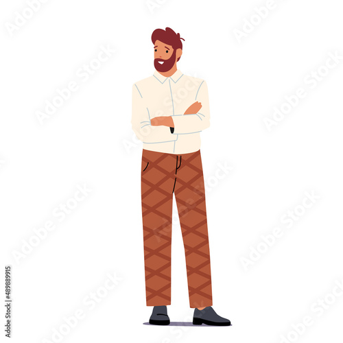 Stylish Man Stand in Self-Confident Posture. Male Character Wear Casual Clothes with Crossed Arms Isolated on White