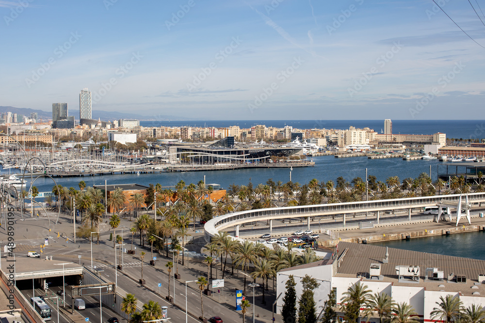Splendid view to Barcelona city from the top of a tower, beautiful landscape panorama from the cable car lift
