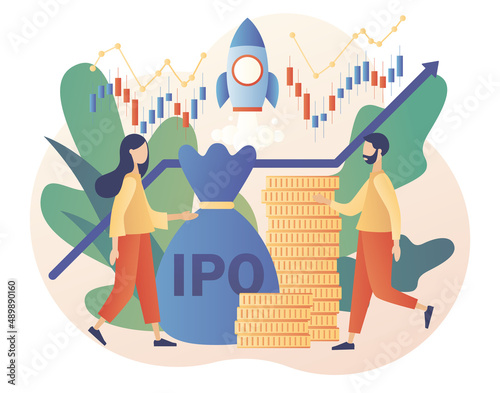 Initial public offering. IPO concept. Investment. Tiny people investors ivest stock market shares. Company growth. Passive income. Modern flat cartoon style. Vector illustration on white background