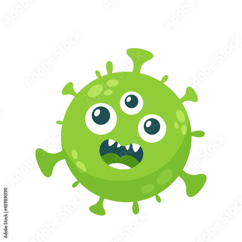 Cartoon Virus, Bacteria, Germ with Funny Face, Coronavirus Character. Green Covid19 Cell With Three Eyes and Outgrowths