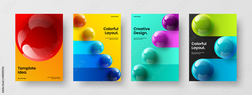 Minimalistic realistic spheres pamphlet illustration collection. Geometric corporate identity A4 vector design template bundle.