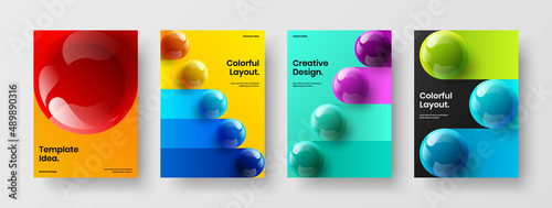Minimalistic realistic spheres pamphlet illustration collection. Geometric corporate identity A4 vector design template bundle.