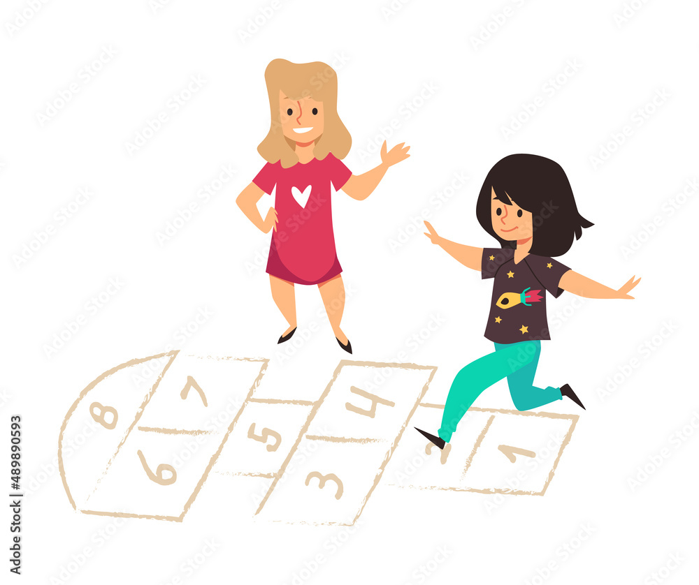 Girls friends playing hopscotch together flat vector illustration isolated.