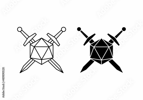 crossed sword and 20 sided dice icon vector