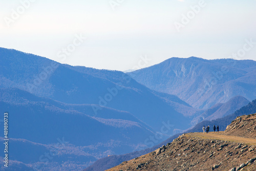 A magnificent mountain landscape with rocks against a clear blue sky. A tourist destination for lovers of hiking in the mountains
