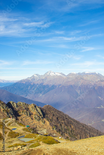 A magnificent mountain landscape with rocks against a clear blue sky. A tourist destination for lovers of hiking in the mountains