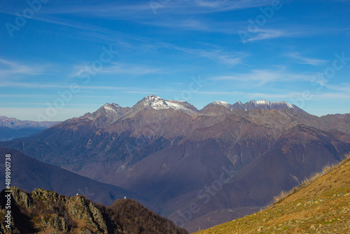 A magnificent mountain landscape with rocks against a clear blue sky. A tourist destination for lovers of hiking in the mountains