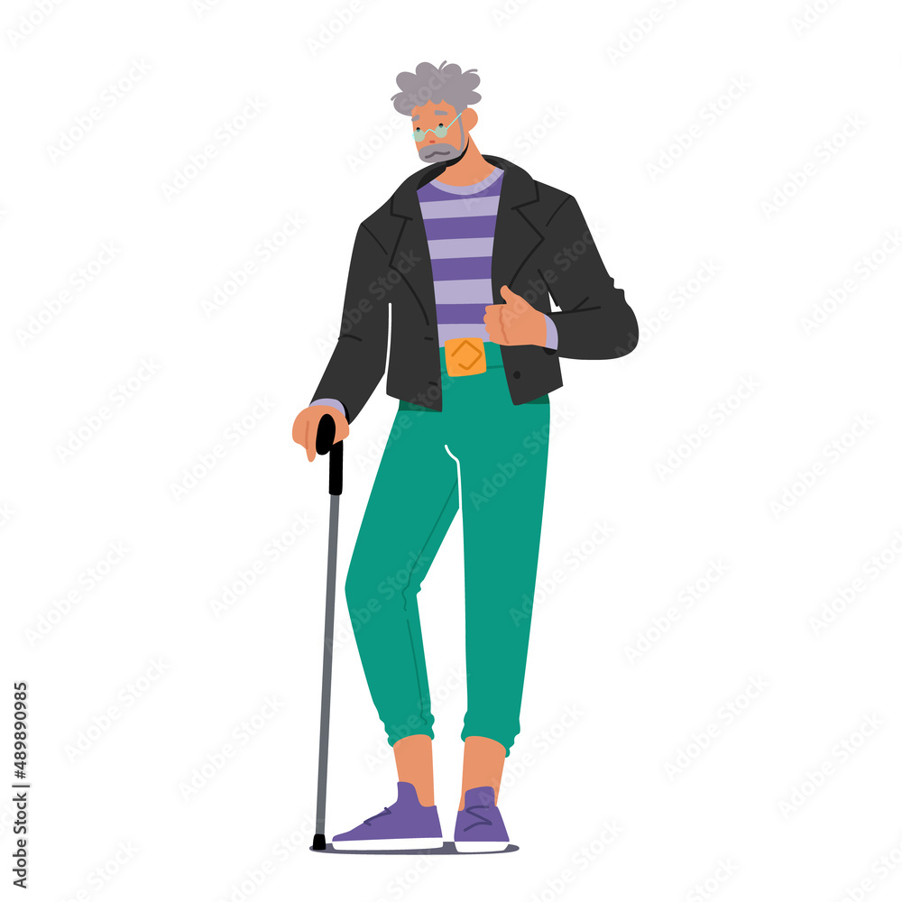 Trendy Pensioner with Walking Cane, Old Grey Haired Male Character Wear Fashionable Clothes Isolated on White Background