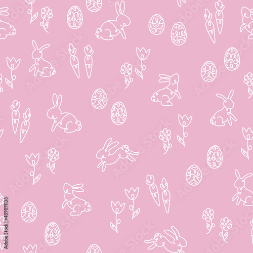 Cute hand drawn Easter seamless pattern with bunnies, eggs and decoration, great for textiles, banners, wallpapers, wrapping - vector surface design