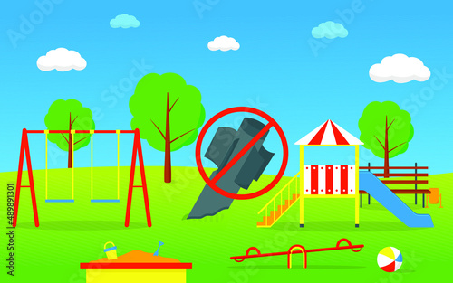Bombardment of civilians. Projectile on the playground. Stop war concept. Vector illustration