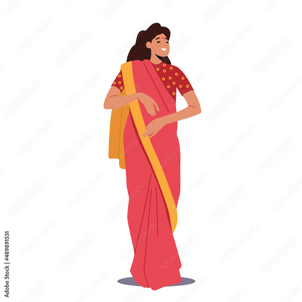 Indian Woman Wear Red sari Dress, Female Character in Traditional Clothes Isolated on White Background. Young Girl Smile