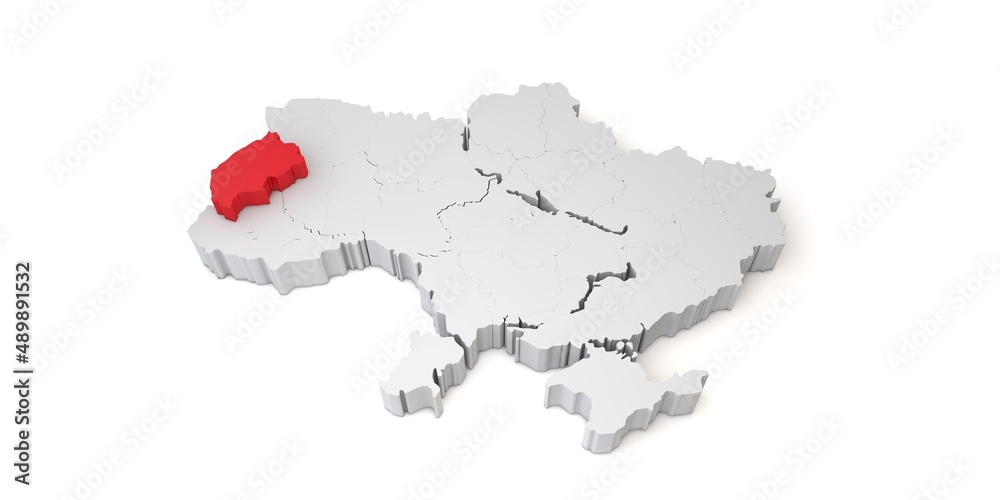 3d map of Ukraine showing the region of Lviv in red. 3D Rendering