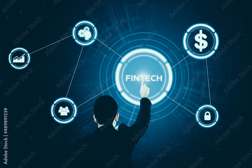 Rear view of businessman touching a fintech button Rear view of businessman touching a fintech button