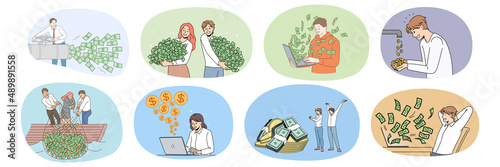 Collection of diverse people feel excited get dividend from successful investment. Set of happy men and women satisfied with financial income or revenue. Finance  bank. Vector illustration. 