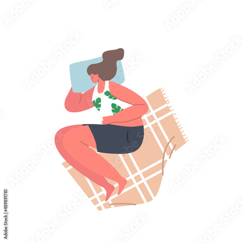 Girl Sleep on Side with Bent Legs. Female Character Sleeping Pose, Woman Wear Pajama Sleep or Nap Lying in Bed Top View