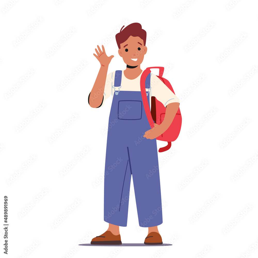 Schoolboy with Backpack Waving Hand Isolated on White Background, Kid Student Rejoice, Happiness, Childhood, Freedom Schoolboy with Backpack Waving Hand Isolated on White Background, Kid Student Rejoice, Happiness, Childhood, Freedom