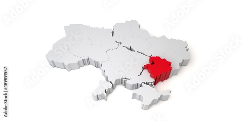 3d map of Ukraine showing the region of Zaporizhzhia in red. 3D Rendering