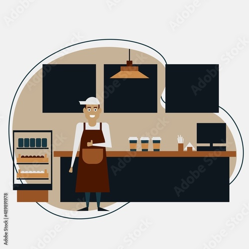 Coffee shop minimalism interior desidn with happy smiling cafeteria worker barista in pastel colors