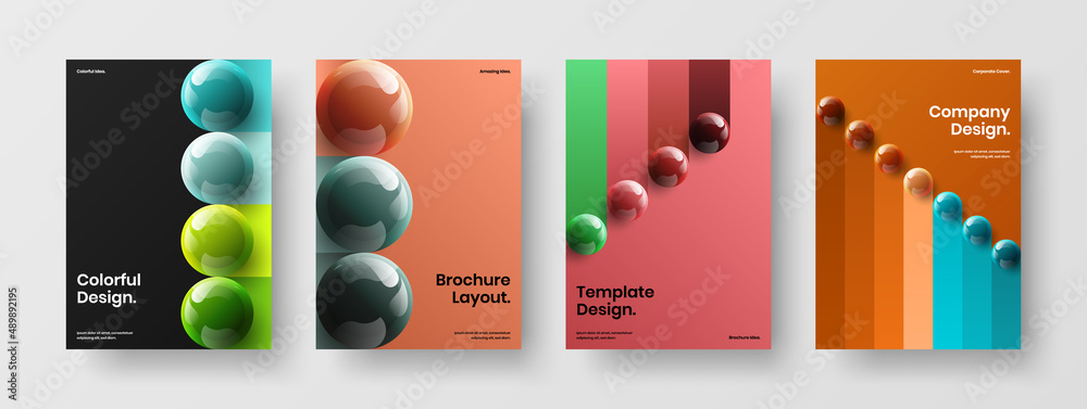 Geometric realistic spheres cover layout set. Clean company identity A4 design vector illustration collection.