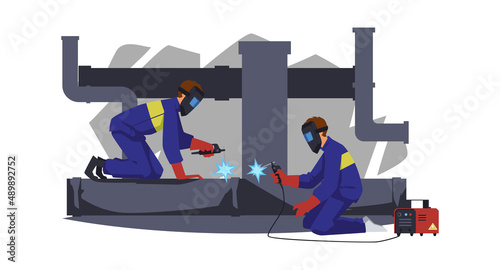 Welders weld industrial or factory equipment flat vector illustration isolated.