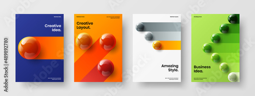 Amazing 3D spheres annual report template composition. Modern placard vector design illustration collection.