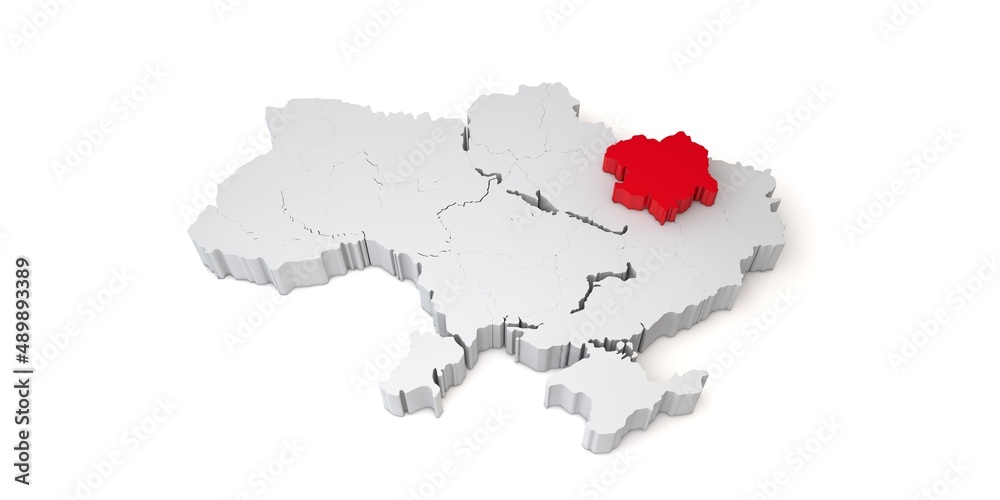 3d map of Ukraine showing the region of Kharkiv in red. 3D Rendering
