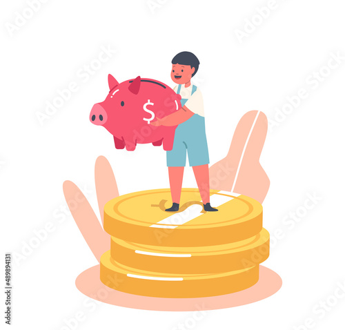 Little Child Stand on Huge Money Pile with Piggy Bank in Hands. Baby Character with Moneybox, Savings, Collecting Money