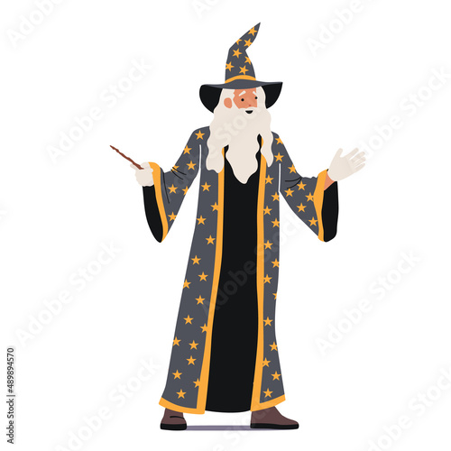 Old Magician or Astrologer with Wand, Wizard Character Making Spell. Merlin or Dumbledore Halloween Personage with Beard photo