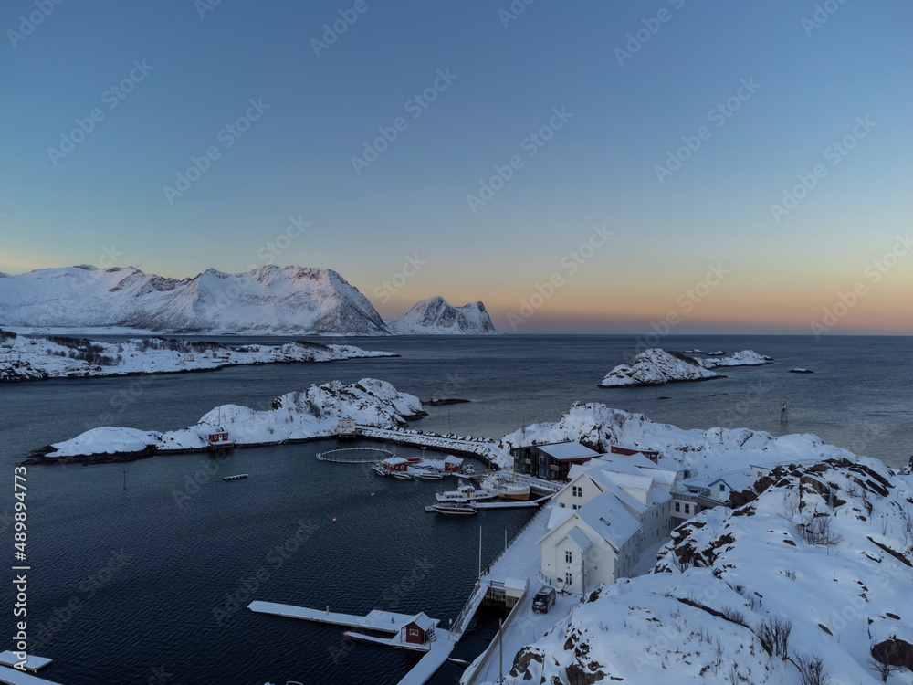 village Hamn on Senja island in Norway on a clear cold winter day