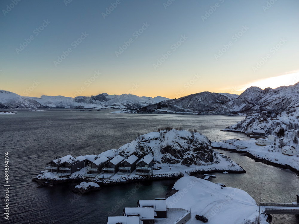 village Hamn on Senja island in Norway on a clear cold winter day