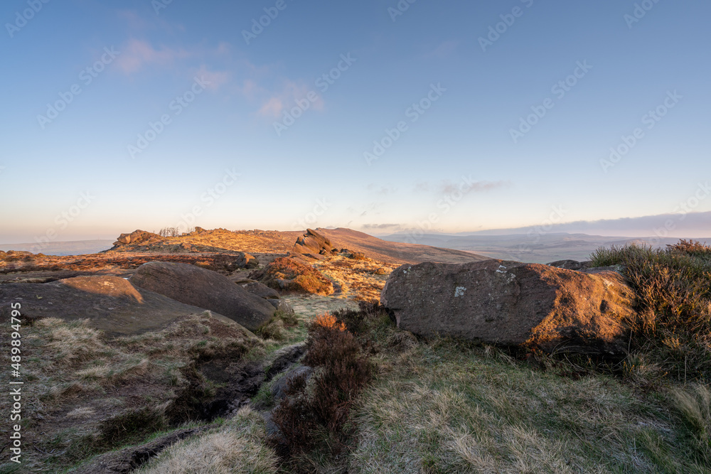 Panoramic view from The Roaches. Winter sunrise in the Peak District National Park.