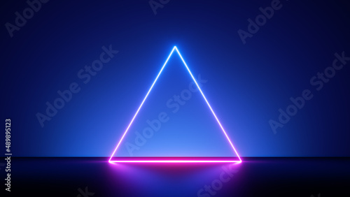 3d render, abstract neon background with blank fluorescent triangular frame. Simple geometric shape. Laser line glowing with pink blue light