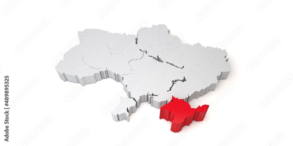 3d map of Ukraine showing the region of Crimea in red. 3D Rendering