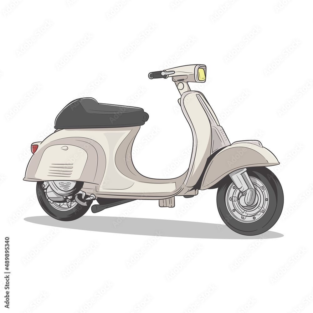 White vintage scooter, vector illustration, urban life, ride a motorbike in the city