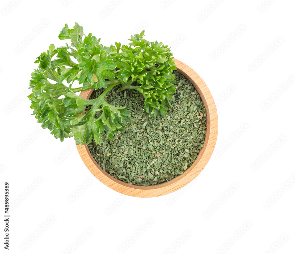 Dry parsley on white background,Top view Dry parsley on white background,Top view