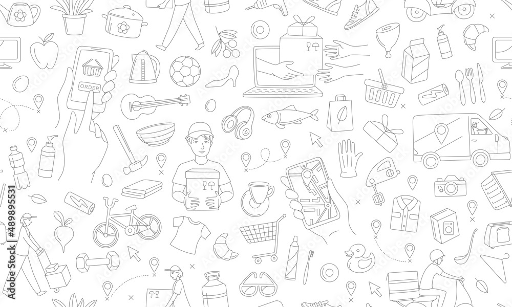 Mobile app courier delivering online shop order seamless pattern. Mobile app courier delivering online shop order seamless pattern.