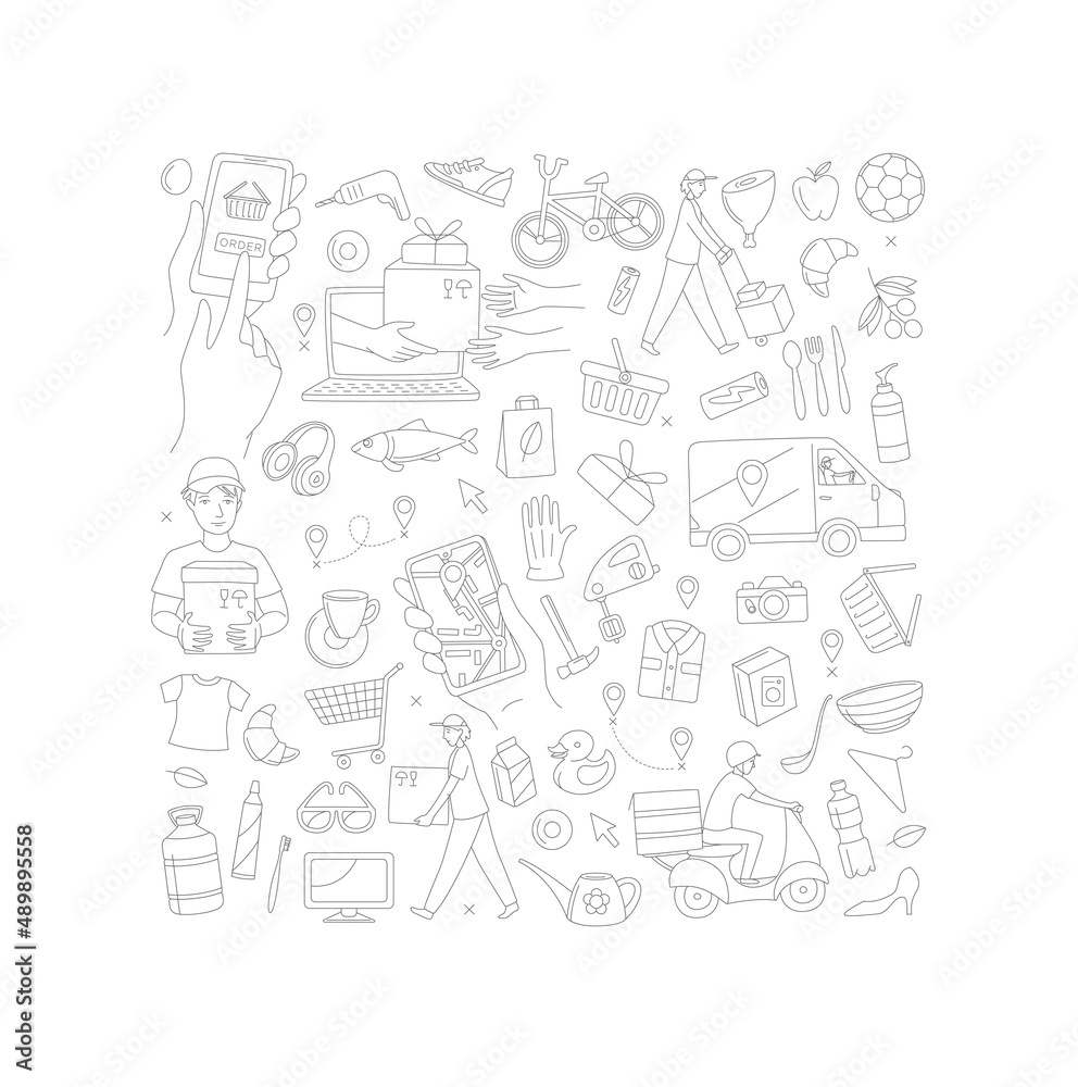 Mobile app courier delivering online shop order background pattern. Mobile app courier delivering online shop order background pattern.