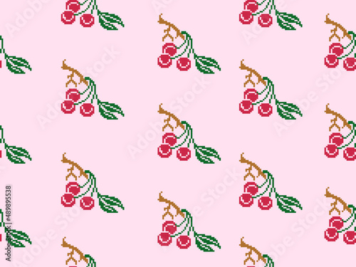 Cherry cartoon character seamless pattern on pink background.Pixel style